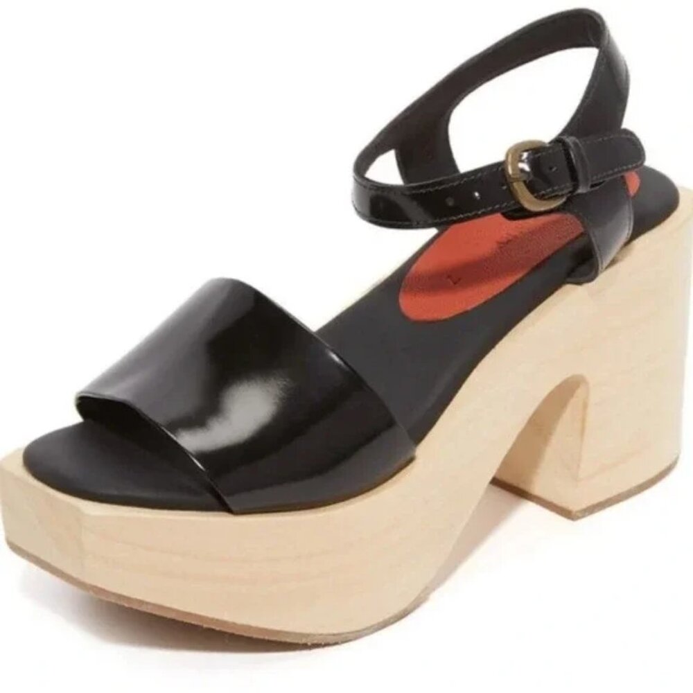 Rachel Comey Black Patent Leather Platform Sandals with Natural Wood Heel
